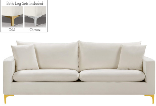 Velvet Upholstered Sofa with Stainless Steel Legs in Rich Gold or Chrome Finish, Cream, 81.5" W x 33.5" D x 30" H
