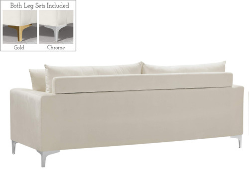 Velvet Upholstered Sofa with Stainless Steel Legs in Rich Gold or Chrome Finish, Cream, 81.5" W x 33.5" D x 30" H