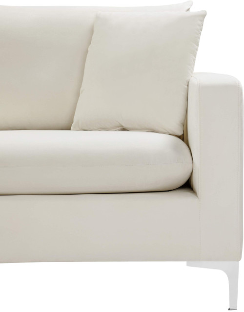 Velvet Upholstered Sofa with Stainless Steel Legs in Rich Gold or Chrome Finish, Cream, 81.5" W x 33.5" D x 30" H