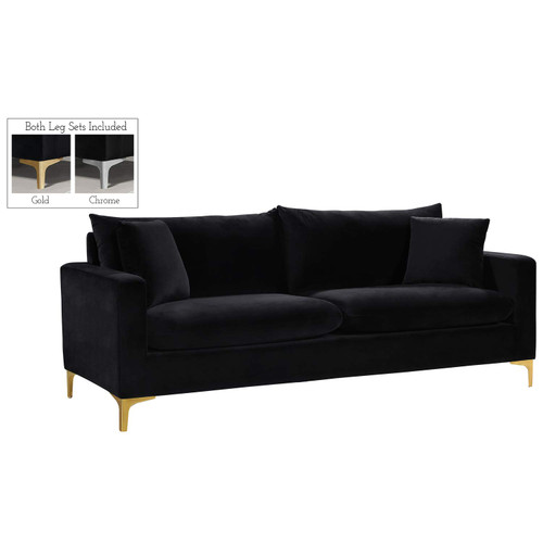 Black Velvet Upholstered Sofa with Stainless Steel Base in a Rich Gold or chrome Finish, (633Black-S)