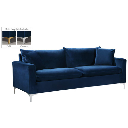 Black Velvet Upholstered Sofa with Stainless Steel Base in a Rich Gold or chrome Finish, (633Black-S)