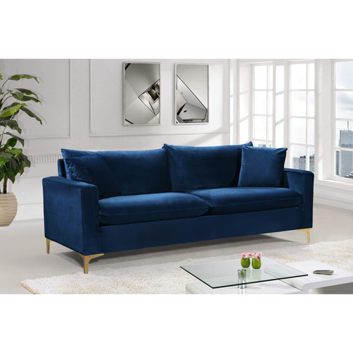 Black Velvet Upholstered Sofa with Stainless Steel Base in a Rich Gold or chrome Finish, (633Black-S)