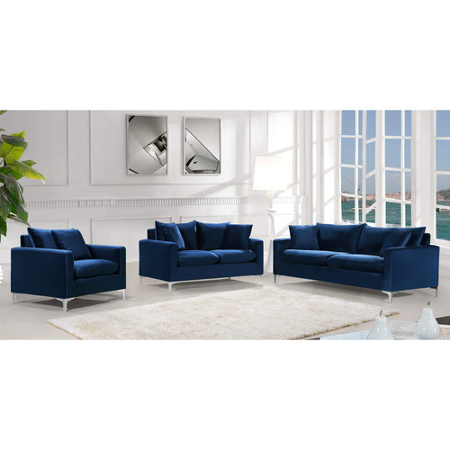 Black Velvet Upholstered Sofa with Stainless Steel Base in a Rich Gold or chrome Finish, (633Black-S)
