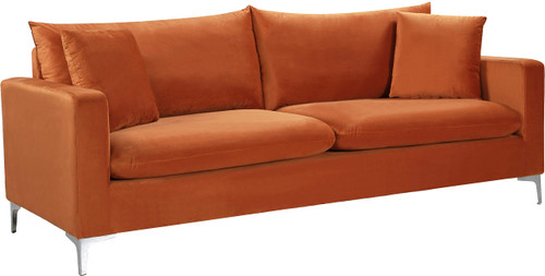 Velvet Upholstered Sofa with Deep Channel Tufting and Rich Gold Stainless Steel Legs, Cognac, 81.5" W x 33.5" D x 30" H