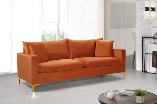 Velvet Upholstered Sofa with Deep Channel Tufting and Rich Gold Stainless Steel Legs, Cognac, 81.5" W x 33.5" D x 30" H