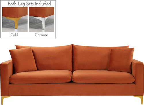 Velvet Upholstered Sofa with Deep Channel Tufting and Rich Gold Stainless Steel Legs, Cognac, 81.5" W x 33.5" D x 30" H