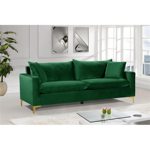 Green Velvet Upholstered Sofa with Stainless Steel Base in a Rich Gold or Chrome Finish, 81.5" W x 33.5" D x 30" H (633Green-S)
