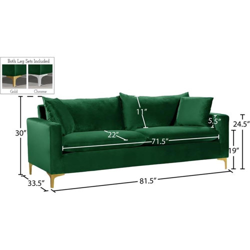 Green Velvet Upholstered Sofa with Stainless Steel Base in a Rich Gold or Chrome Finish, 81.5" W x 33.5" D x 30" H (633Green-S)