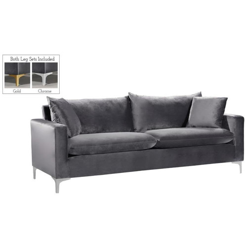 Grey Velvet Upholstered Sofa with Stainless Steel Base in a Rich Gold or Chrome Finish