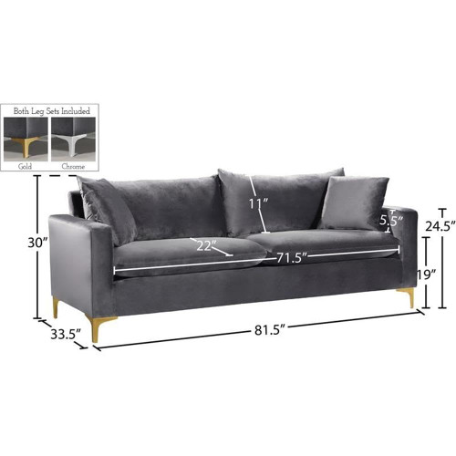 Grey Velvet Upholstered Sofa with Stainless Steel Base in a Rich Gold or Chrome Finish