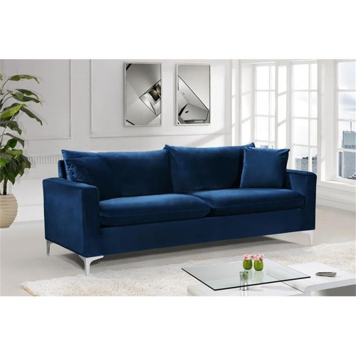 Navy Velvet Upholstered Sofa with Stainless Steel Base in a Rich Gold or Chrome Finish,