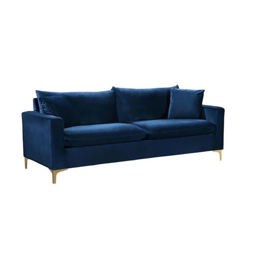 Navy Velvet Upholstered Sofa with Stainless Steel Base in a Rich Gold or Chrome Finish,