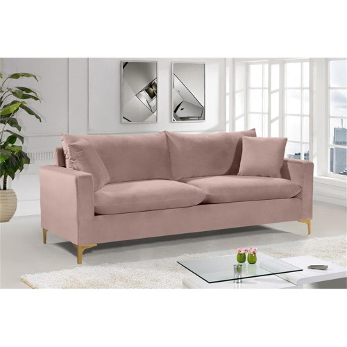 Pink Velvet Upholstered Sofa with Stainless Steel Base in a Rich Gold Finish