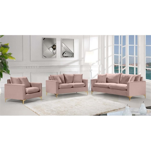 Pink Velvet Upholstered Sofa with Stainless Steel Base in a Rich Gold Finish