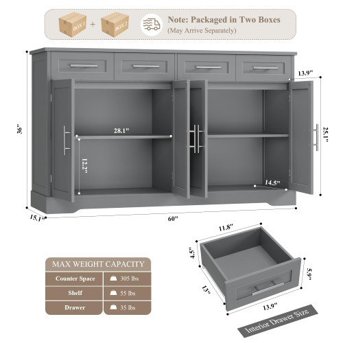 60" W Sideboard Buffet Cabinet with Storage, Kitchen Cabinet, Gray