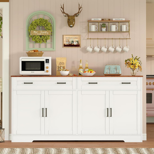 55" Buffet Cabinet with Storage and Drawers, Large Sideboard Buffet Cabinet with Adjustable Shelves and Doors, Modern Coffee Bar for Kitchen, Living Room, White