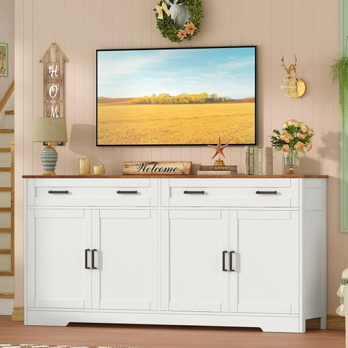 55" Buffet Cabinet with Storage and Drawers, Large Sideboard Buffet Cabinet with Adjustable Shelves and Doors, Modern Coffee Bar for Kitchen, Living Room, White