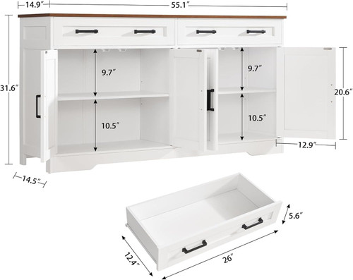 55" Buffet Cabinet with Storage and Drawers, Large Sideboard Buffet Cabinet with Adjustable Shelves and Doors, Modern Coffee Bar for Kitchen, Living Room, White