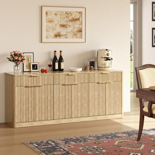 67" Fluted Oak Sideboard Buffet Cabinet with 3 Drawers