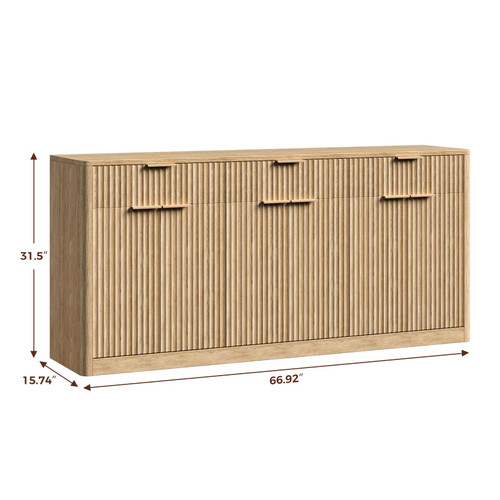 67" Fluted Oak Sideboard Buffet Cabinet with 3 Drawers