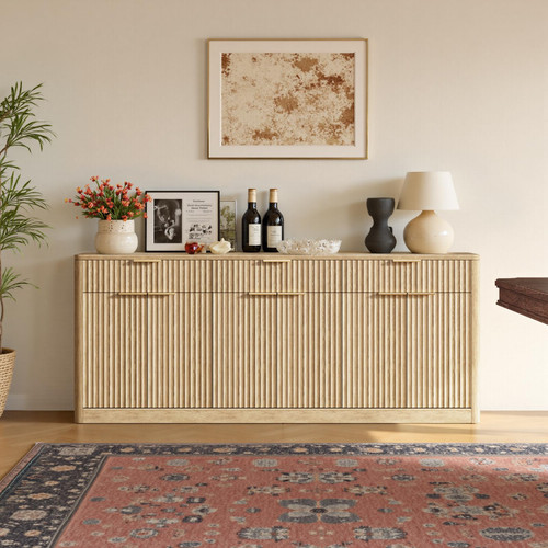67" Fluted Oak Sideboard Buffet Cabinet with 3 Drawers