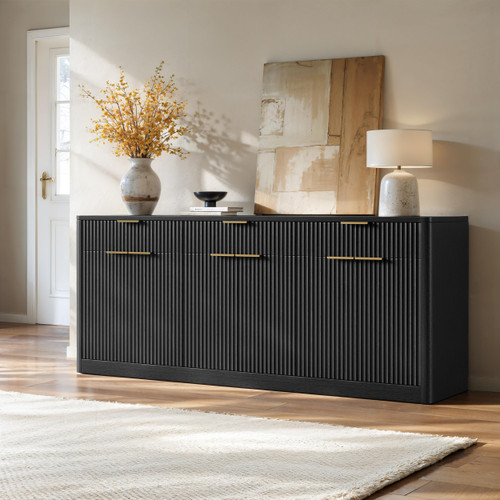 67" Fluted Black Sideboard Buffet Cabinet with 3 Drawers