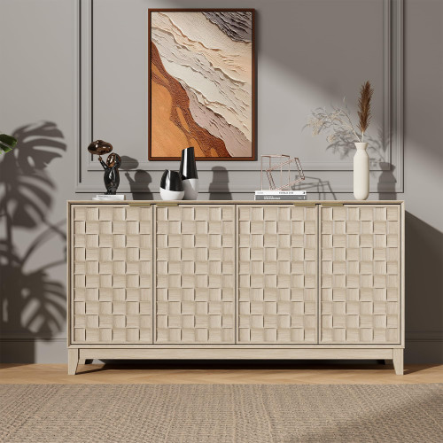 Fluted Sideboard Buffet Cabinet with Storage, 59" Wood Buffet Table with 4 3D-Checkerboard Doors & Adjustable Shelves, Kitchen Dining Room Coffee Bar Cabinet, Mid Century Modern Style, Oak