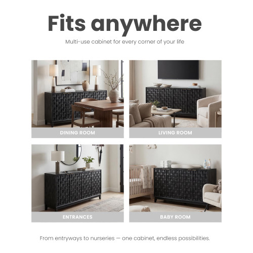 59" Fluted Sideboard Buffet Cabinet with Storage, Wood Buffet Table with 4 3D-Checkerboard Doors & Adjustable Shelves, Kitchen Dining Room Coffee Bar Cabinet, Mid Century Modern Style, Black