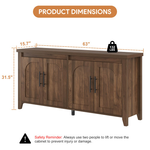 Modern Buffet Cabinet with Storage, 63" Fluted Sideboard Cabinet with Adjustable Shelves, Wood & Multi-Functional Coffee Bar Console for Kitchen Room, Bedroom, Living Room & Entryway Walnut