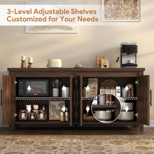 Modern Buffet Cabinet with Storage, 63" Fluted Sideboard Cabinet with Adjustable Shelves, Wood & Multi-Functional Coffee Bar Console for Kitchen Room, Bedroom, Living Room & Entryway Walnut