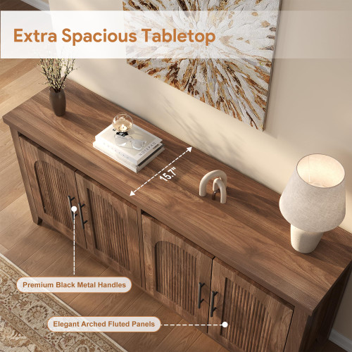 Modern Buffet Cabinet with Storage, 63" Fluted Sideboard Cabinet with Adjustable Shelves, Wood & Multi-Functional Coffee Bar Console for Kitchen Room, Bedroom, Living Room & Entryway Walnut