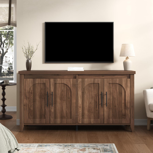 Modern Buffet Cabinet with Storage, 63" Fluted Sideboard Cabinet with Adjustable Shelves, Wood & Multi-Functional Coffee Bar Console for Kitchen Room, Bedroom, Living Room & Entryway Walnut