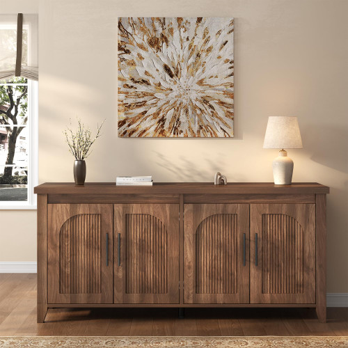 Modern Buffet Cabinet with Storage, 63" Fluted Sideboard Cabinet with Adjustable Shelves, Wood & Multi-Functional Coffee Bar Console for Kitchen Room, Bedroom, Living Room & Entryway Walnut