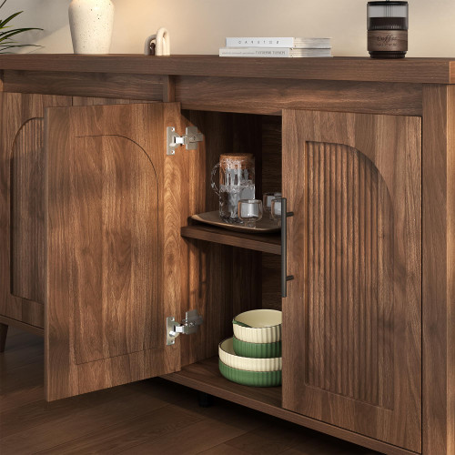 Modern Buffet Cabinet with Storage, 63" Fluted Sideboard Cabinet with Adjustable Shelves, Wood & Multi-Functional Coffee Bar Console for Kitchen Room, Bedroom, Living Room & Entryway Walnut