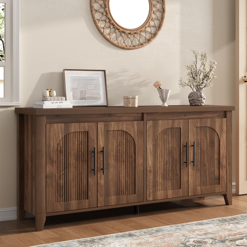 Modern Buffet Cabinet with Storage, 63" Fluted Sideboard Cabinet with Adjustable Shelves, Wood & Multi-Functional Coffee Bar Console for Kitchen Room, Bedroom, Living Room & Entryway Walnut