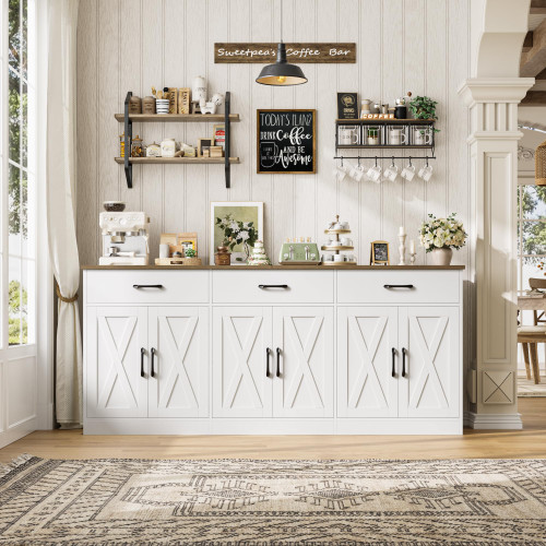 71"W Farmhouse Kitchen Sideboard Buffet Cabinet with Storage, White