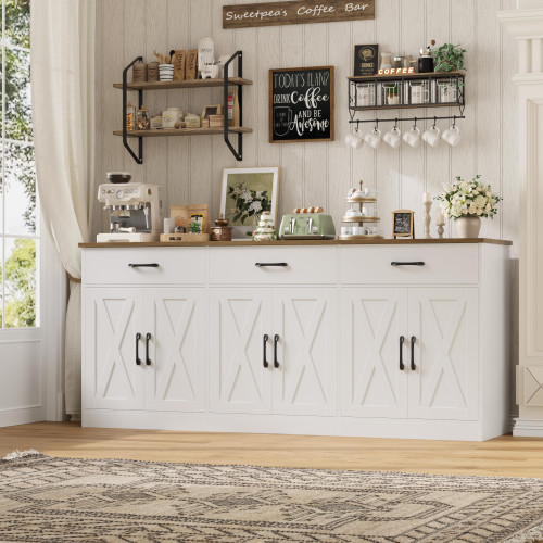 71"W Farmhouse Kitchen Sideboard Buffet Cabinet with Storage, White