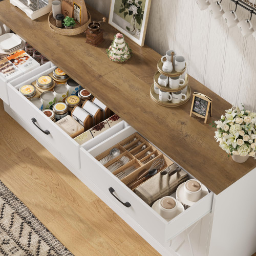 71"W Farmhouse Kitchen Sideboard Buffet Cabinet with Storage, White