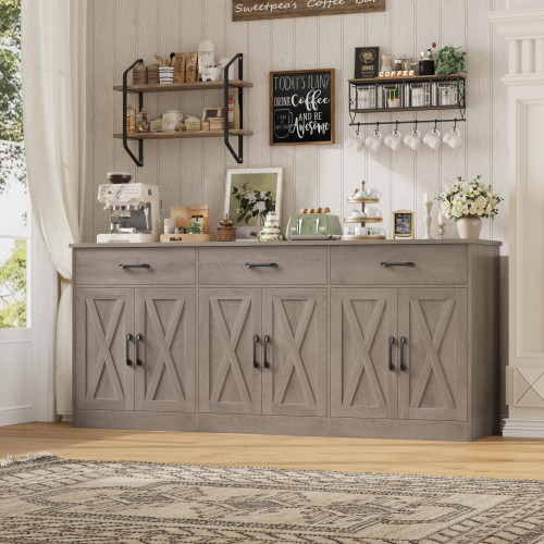 71" W Farmhouse Kitchen Sideboard Buffet Cabinet with Storage, Grey