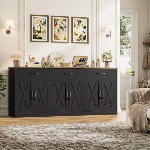 71"W Farmhouse Kitchen Sideboard Buffet Cabinet with Storage, Black