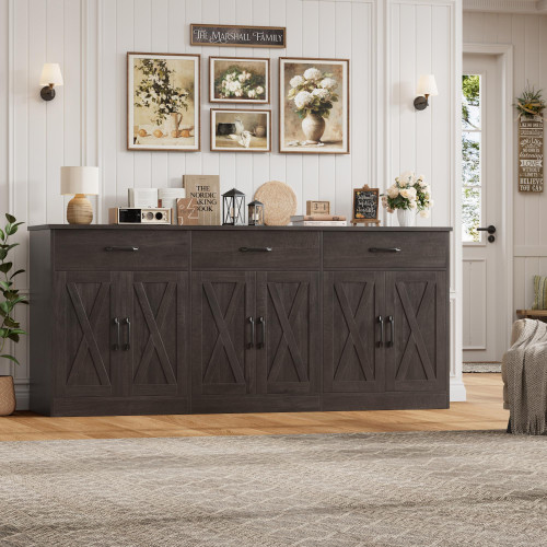 71"W Farmhouse Kitchen Sideboard Buffet Cabinet with Storage, Brown