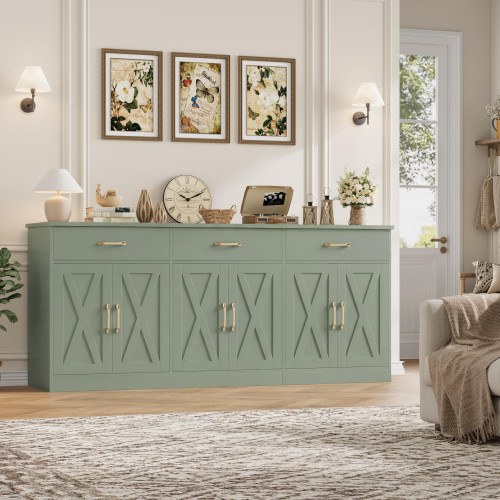 71"W Farmhouse Kitchen Sideboard Buffet Cabinet with Storage, Green