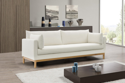 Mid-Century Modern Linen Textured Fabric Upholstered Sofa, Cream Linen Textured Fabric, Natural Finish Wood Base, 89.5" W x 33.5" D x 33" H, Cream