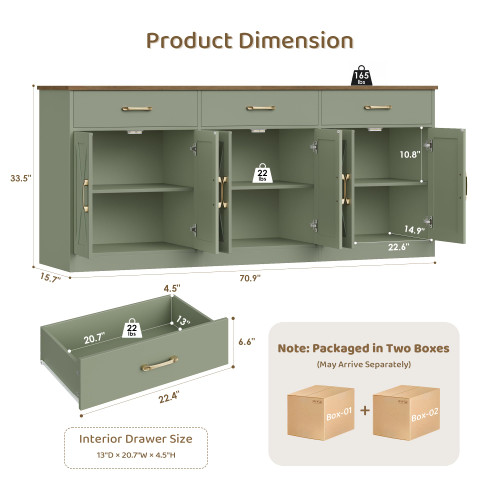 71" W Kitchen Sideboard Buffet Cabinet with Storage, Green/Brown