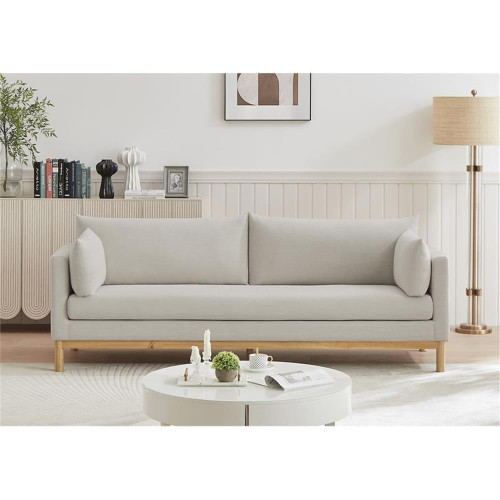 Mid-Century Modern Linen Textured Fabric Upholstered Sofa, Beige Linen Textured Fabric, Natural Finish Wood Base, 89.5" W x 33.5" D x 33" H, Beige