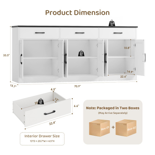71" W Kitchen Sideboard Buffet Cabinet with Storage, White/Black