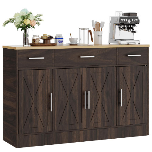 Buffet Cabinet with Storage,53.4" Large Kitchen Storage Cabinet with 3 Drawers and 4 Doors,Wood Farmhouse Buffet Sideboard with Adjustable Shelf for Kitchen Living Room, Brown
