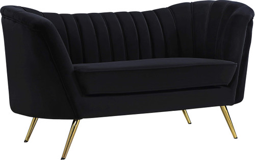 Velvet Upholstered Loveseat with Deep Channel Tufting and Rich Gold Stainless Steel Legs, Black, 65" W x 30" D x 33" H