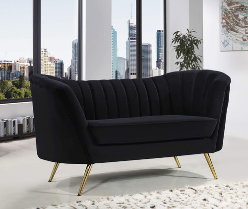 Velvet Upholstered Loveseat with Deep Channel Tufting and Rich Gold Stainless Steel Legs, Black, 65" W x 30" D x 33" H