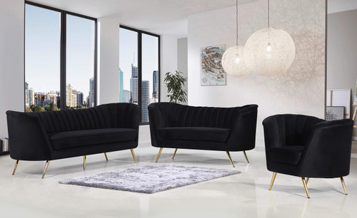Velvet Upholstered Loveseat with Deep Channel Tufting and Rich Gold Stainless Steel Legs, Black, 65" W x 30" D x 33" H